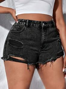 Dripcurv Plus Size Plain Denim Shorts, Fashion & Suitable For Summer - Black - View 3