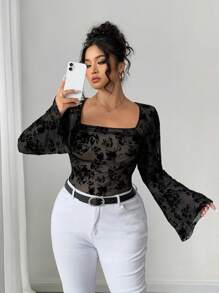 Elenzga Plus Size Square Neck Long Sleeve Fitted Flocked Mesh Floral Print T-Shirt