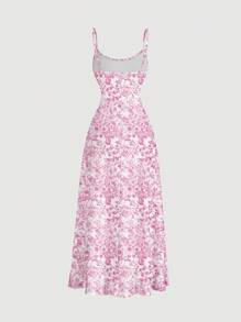 SHEIN MOD Vestido largo con tirantes de espagueti, cintura fruncida y volante en el bajo, estilo minimalista y casual, con estampado de flores azules, adecuado para el verano y vacaciones