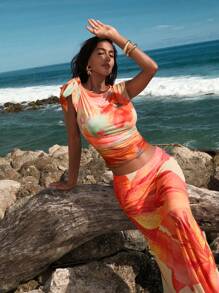 Opulessa Blusa casual con hombros anudados, cintura ceñida y estampado multicolor, sexy para vacaciones, citas, fiestas en la playa - Multicolor - Ver 7