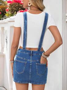 Breezaya Váy yếm denim thường ngày cho nữ có túi - Rửa trung bình - Xem 2