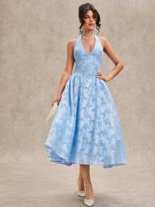 SHEIN BAE 夏季浅蓝色海滩度假浪漫约会甜美深 V 领细肩带纹理提花连衣裙，适合情人节、派对、约会、伴娘、舞会、日常穿着、蓝色连衣裙、生日迷你连衣裙 - 淺藍色 - 查看 5