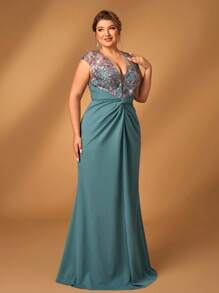 Serin Plus Size Elegant Romantic V-Neck Luxurious Sequins Embellished Elastic Knitted Body-Skimming Mermaid Hem Mother Dress