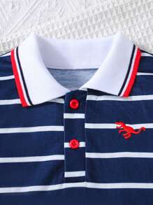 男童条纹恐龙刺绣 Polo 领短袖 T 恤，夏季 - 黑色 - 查看 3