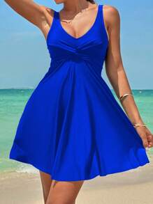 Swim Lushoire Women's Casual Beach Summer Outfits - Twist Design Swimsuit Skirt With Swim Shorts - Royal Blue - View 5