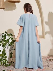 SHEIN Tween Girls' Solid Color V-Neck Short Sleeve Dress With Woven Tape - Baby Blue - View 2