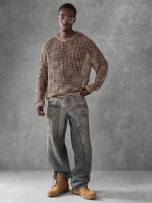 SUMWON Designer Openwork Knit Sweater Long Sleeve Crochet Pattern Chunky Textured Pullover Fall Winter Casual Streetwear Urban Modern - Brown - View 3