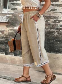 SHEIN Clasi Plus Size Women French Style Regular Floral Lace Detail Casual Cropped Pants, Summer - Apricot - View 3