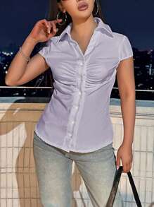 SHEIN Unity Women's Plain Color Gathered Sleeve Single-Breasted Casual Shirt - Mauve Purple - View 4