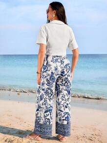 SHEIN 2pcs/Set Maternity Vacation Solid Color Short Sleeve Shirt And Floral Print Jumpsuit Casual Outfit For Summer