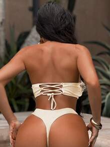 Swim SXY Women 2 Pieces Starfish Hollow Back Cross-Tied Bandeau Bikini Set For Summer Beach Vacation - Apricot - View 2