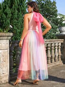 Flirla Plus Size Women Elegant Romantic Vacation Party Wedding Dress, Rainbow Ombre Halter Neck Sleeveless Cinched Waist A-Line Dress - Multicolor - View 2