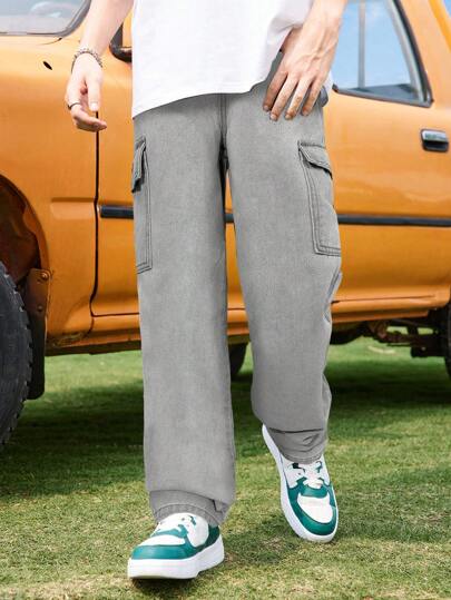 SHEIN 青少年男孩休闲时尚柔软舒适混合酷炫浅灰色底简约工装口袋设计牛仔裤，适合日常穿着和返校男孩秋季服装