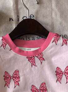 SHEIN Cute Pink Leopard Bow Print, Pink, Tween Girls Casual Minimalist Short Sleeve Round Neck T-Shirt, Suitable For Summer