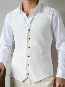 HIMLAND Men's Woven Slim-Fit Crew Neck Sleeveless Casual Suit Vest - White - View 4