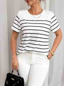 Franclia Camiseta de mujer de talla grande, de cuello redondo, de manga corta, con rayas y diseño estampado