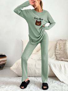 EURMUSE 100%Cotton 2pcs/Set Letter & Cartoon Embroidery Long Sleeve T-Shirt And Pants Homewear - Green - View 1