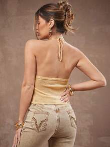 Hauture 夏季女士，女士，性感波西米亚风裸色半透明金属针织镂空做旧上衣，女式上衣，春季女士，女式背心，夏季女士上衣，夏季上衣，露背上衣，度假，日常 - 金色 - 查看 4