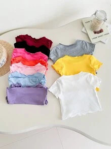 10pcs/Set Baby Girls Cute Solid Color Knitted Short Sleeve Tops, Buy One Get Nine Free, Summer - Pink - View 2