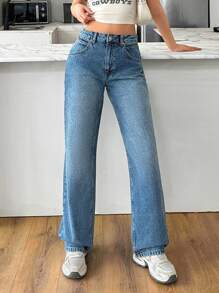 EURMUSE 中腰宽松直筒牛仔裤，适合夏季的简约时尚 - 中等水洗藍 - 查看 3