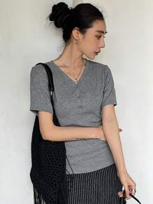 Dazy-Less Women's V-Neck Solid Color Simple Short Sleeve T-Shirt With Button Design Business Casual Woman Work Clothes - Grey - View 2