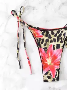 3pcs/Set Random Print Multi-Color Strap Tie Front Tie Side Bikini Bottom And Ruffle Hem Mesh Beach Cover Up Swimwear Set, Festival Boho - Multicolor - View 3