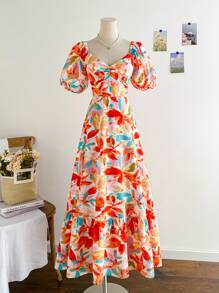 Soleia 女士彩色花卉印花泡泡袖荷叶边下摆浪漫度假连衣裙，适合春季、婚礼、毕业典礼、返校派对、休闲、单身派对、复古、夏季、热带图案 - 彩色 - 查看 6
