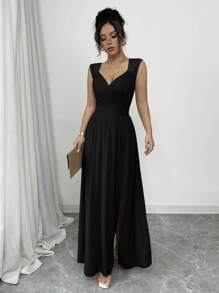 Rafferiza 法式优雅蕾丝边 V 领裹褶腰无袖 A 字开叉卡其色连衣裙，适合日常穿着、宴会、婚礼、春夏 - 黑色 - 查看 5