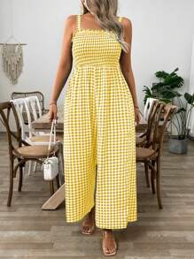 SHEIN Clasi Plus Size Women Vacation Style Plaid Spaghetti Strap Wide Leg Casual Jumpsuit - Yellow - View 3