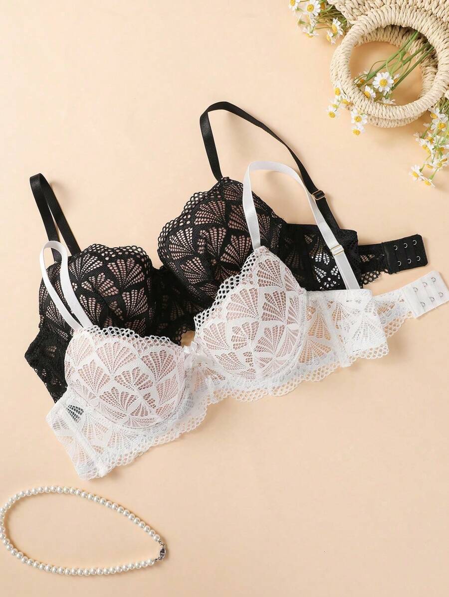 2 Peças Conjunto de Sutiã de Lingerie com Armação de Renda para Mulheres