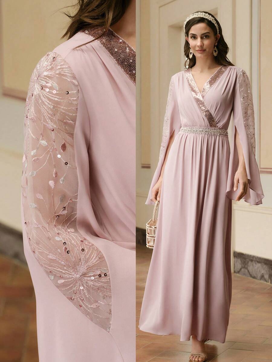 ZEYLAH 亮片蕾丝拼接优雅长裙，简约时尚休闲日常穿着 - 藕粉色 - 查看 1