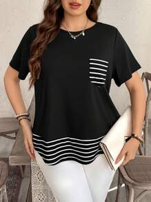 SHEIN LUNE 加大码条纹拼布撞色口袋装饰休闲T恤西部风女装波西米亚风90年代节日夏季外出春季女装夏季波西米亚风老钱夏季女装圣帕特里克节复活节夏季春季女装海滩圣帕特里克节休闲上衣 - 黑色 - 查看 3