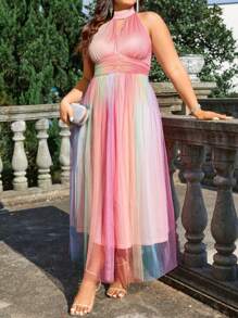 Flirla Plus Size Women Elegant Romantic Vacation Party Wedding Dress, Rainbow Ombre Halter Neck Sleeveless Cinched Waist A-Line Dress - Multicolor - View 4