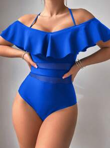 SHEIN Swim 女士连体荷叶边露肩纯色泳衣 - 寶藍色 - 查看 6