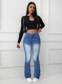 SHEIN Tall Women's Low Waist Stretchy Denim Flare Jeans, Blue