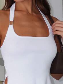 INAWLY Áo ba lỗ cổ yếm xẻ tà màu trơn cho nữ - trắng - Xem 3