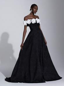 SHEIN Belle Elegant And Luxurious Black & White Contrast Floral Jacquard Off-Shoulder A-Line Princess Dress With Adjustable Tie At The Back, Suitable For Date, Birthday Party, Wedding, Single Party, Prom, Banquet (Heavy Embroidery Design), Formal, Gown, For Evening, Wedding Guest - Black - View 7