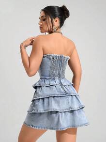 SHEIN EZwear 女式荷叶边下摆抹胸式牛仔连衣裙 - 藍色 - 查看 2