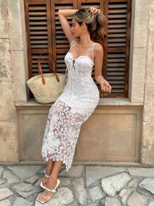 Breezaya Vacation Casual Women's Long Lace Splice Hollow Out Spaghetti Strap Backless Dress