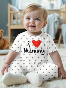 SHEIN I LOVE MUMMY Boys Cartoon Pattern Short Sleeve T-Shirt & Pants Pajama Set, Snug Fit, Suitable For Spring & Summer