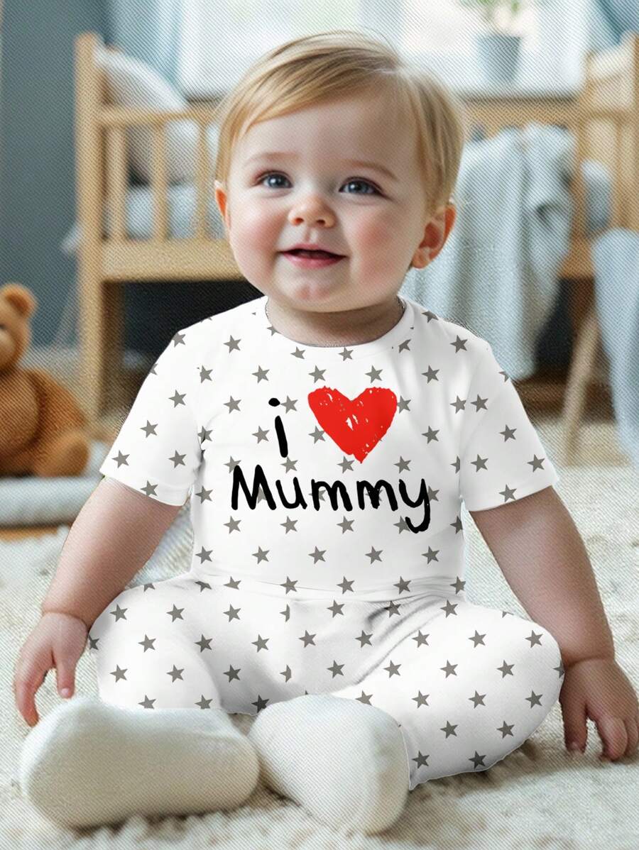 SHEIN I LOVE MUMMY Boys Cartoon Pattern Short Sleeve T-Shirt & Pants Pajama Set, Snug Fit, Suitable For Spring & Summer