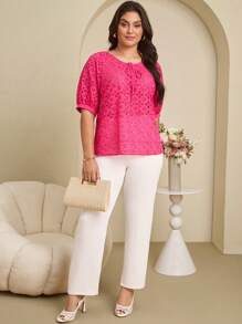 EMERY ROSE Blusa de manga corta abullonada con bordado floral y lazo delantero para mujer de tallas grandes - Rosa Fucsia - Ver 5