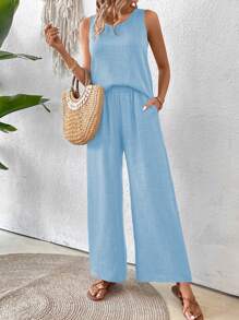 Breezaya 女士休闲露背无袖上衣和阔腿裤套装，适合度假 - 淺藍色 - 查看 4
