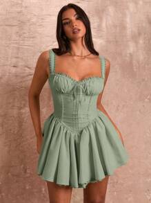 SHEIN BAE Women Elegant Solid Ruched Camisole Lace Patchwork Mini Dress - Mint Green - View 8