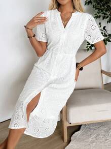EMERY ROSE Women V-Neck White Lace Long Sleeve Dress - White - View 5