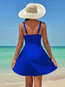 Swim Lushoire Women's Casual Beach Summer Outfits - Twist Design Swimsuit Skirt With Swim Shorts - Royal Blue - View 2