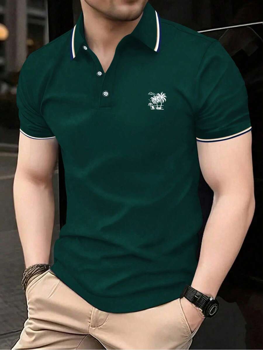 Manfinity Dauomo Men's Palm Tree Print Short Sleeve Button-Down Collar Polo Shirt - Dark Green - View 1