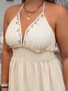 SHEIN Clasi Plus Size Women Solid Color Long Dress, Waist Cinched Design Summer Dress, Summer Outfits For Women, Suitable For St. Patrick's Day, Raves, Festivals, Spring Break, Boho - Apricot - View 4