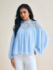 Mykaelle Rosa Áo cánh tay dài cổ giả màu xanh lam đơn giản cho công sở, ren xếp nếp màu trơn, chiffon xanh, công sở - Màu xanh lam - Xem 7