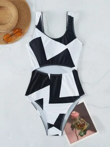 SHEIN Swim 1 件撞色印花镂空连体泳衣，随机印花设计 - 黑與白 - 查看 2